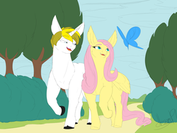 Size: 3200x2400 | Tagged: safe, artist:lesang, artist:pacificside18, fluttershy, oc, oc:white heart, butterfly, pony, g4, bush, canon x oc, colored hooves, dirt road, female, high res, male, path, shipping, straight, tree, whiteshy