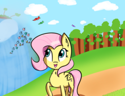 Size: 1975x1508 | Tagged: safe, artist:artiks, fluttershy, bird, butterfly, pegasus, pony, g4, atg 2019, cheek fluff, chest fluff, cute, ear fluff, female, mare, newbie artist training grounds, open mouth, shyabetes, smiling, solo, waterfall