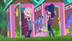 Size: 800x450 | Tagged: safe, edit, screencap, fluttershy, sci-twi, spike, spike the regular dog, twilight sparkle, dog, ghost, equestria girls, g4, my little pony equestria girls: choose your own ending, the road less scheduled, the road less scheduled: fluttershy, animated, boots, casper, casper (1995), choker, clothes, crystal skull staff, ear piercing, earring, eyeshadow, flutterpunk, geode of telekinesis, gif, glowing eyes, goth, jewelry, laser, lipstick, magical geodes, makeup, metalshy, midriff, outdoors, outhouse, piercing, shoes, skull, staff, stretch, tank top, the ghostly trio, tree