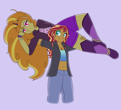 Size: 1280x1169 | Tagged: safe, artist:suchosophie, adagio dazzle, sunset shimmer, equestria girls, g4, adagio dazzle is not amused, backlighting, belly button, boots, carrying, clothes, digital art, duo, duo female, female, geode of empathy, jacket, jeans, jewelry, lesbian, lifting, magical geodes, makeup, messy hair, midriff, pants, ship:sunsagio, shipping, shoes, shorts, simple background, thighs, thunder thighs, tube top, unamused