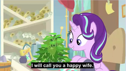Size: 766x433 | Tagged: safe, edit, edited screencap, screencap, phyllis, starlight glimmer, pony, unicorn, a horse shoe-in, g4, caption, cargo ship, female, implied shipping, mare, meme, plant, potted plant, shipping, solo, starlight's office, subtitles, youtube caption