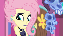 Size: 1910x1080 | Tagged: safe, screencap, fluttershy, equestria girls, g4, my little pony equestria girls: choose your own ending, the road less scheduled, the road less scheduled: fluttershy, choker, clothes, crystal skull staff, cute, ear piercing, earring, eyeliner, eyeshadow, female, flutterpunk, goth, jewelry, lipstick, makeup, metalshy, piercing, purple lipstick, shyabetes, skull, sleeveless, tank top