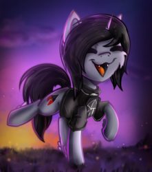 Size: 714x809 | Tagged: safe, artist:deraniel, pony, unicorn, cheek fluff, clothes, commission, disguise, disguised siren, fangs, happy, hoof fluff, horn, jewelry, kellin quinn, male, necklace, open mouth, ponified, raised hoof, raised leg, shirt, sleeping with sirens, solo, stallion, t-shirt, ych result