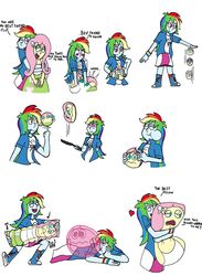 Size: 1280x1746 | Tagged: safe, artist:felimaster97, fluttershy, rainbow dash, equestria girls, g4, abuse, accordion, ball, bouncing, bubblegum, cartoon physics, dialogue, eating, flattened, flutterball, flutterbuse, food, gum, i'm pancake, inanimate tf, morph ball, musical instrument, not salmon, pancakes, pillow, shape change, simple background, transformation, wat, white background