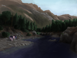 Size: 2000x1500 | Tagged: safe, artist:t72b, derpibooru exclusive, starlight glimmer, pony, unicorn, g4, annoyed, atg 2019, beanie, female, forest, hat, mountain, mountain range, newbie artist training grounds, river, scenery, solo, tree, walking, when you see it