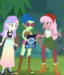 Size: 467x545 | Tagged: safe, screencap, laurel jade, raspberry lilac, snow flower, equestria girls, equestria girls series, g4, the road less scheduled, the road less scheduled: microchips, spoiler:choose your own ending (season 2), spoiler:eqg series (season 2), background human, bandana, boots, clothes, dress, feet, female, halter top, high heels, hiking boots, legs, long skirt, midriff, open-toed shoes, sandals, shoes, shorts, skirt, sleeveless, smiling, sunglasses, tank top, toes, trio, trio female, written equestrian
