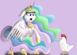Size: 1500x1080 | Tagged: safe, artist:sadtrooper, princess celestia, alicorn, bird, chicken, pony, between dark and dawn, g4, rearing, scared, simple background, that princess sure is afraid of chickens