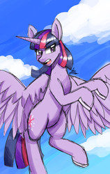 Size: 1200x1900 | Tagged: safe, artist:zachc, twilight sparkle, alicorn, pony, g4, belly, cloud, colored, female, flying, hooves, horn, horseshoes, looking away, sketch, sky, solo, spread wings, twilight sparkle (alicorn), wings
