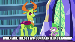 Size: 720x406 | Tagged: safe, edit, edited screencap, screencap, spike, thorax, changedling, changeling, dragon, pony, g4, triple threat, best friends, caption, happy, image macro, king thorax, library, meme, question, text, text edit, trotting, trotting in place, twilight's castle, twilight's castle library
