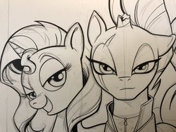 Size: 2048x1536 | Tagged: safe, artist:andypriceart, sunset shimmer, tempest shadow, pony, g4, broken horn, duo, duo female, eye scar, female, horn, looking at you, scar, sketch