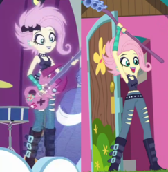 Size: 568x584 | Tagged: safe, screencap, fluttershy, equestria girls, equestria girls specials, g4, my little pony equestria girls: choose your own ending, my little pony equestria girls: rollercoaster of friendship, the road less scheduled, the road less scheduled: fluttershy, clothes, comparison, female, flutterpunk, goth, guitar, hologram, metalshy, midriff, musical instrument, sleeveless, tank top, vampishy
