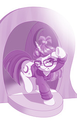 Size: 1000x1570 | Tagged: safe, artist:dstears, moondancer, pony, unicorn, g4, blinded, clothes, door, female, glasses, gritted teeth, mare, monochrome, one eye closed, raised hoof, solo, sweater, teeth