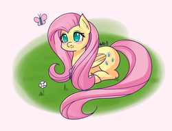 Size: 1700x1300 | Tagged: safe, artist:melliedraws, fluttershy, butterfly, pegasus, pony, g4, blushing, cute, female, flower, heart nostrils, mare, ponyloaf, prone, shyabetes, solo