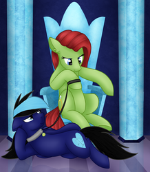 Size: 1024x1175 | Tagged: safe, artist:sevenserenity, oc, oc only, oc:cobalt strike, oc:sodapop, earth pony, pegasus, pony, bedroom eyes, birb, castle, cobapop, collar, crystal, draw me like one of your french girls, leash, lidded eyes, looking down, looking up, master, on side, pet, pet play, pet tag, pillar, sitting, slave, throne, ych result