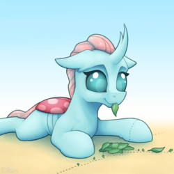 Size: 2000x2000 | Tagged: safe, artist:ohemo, ocellus, changedling, changeling, g4, ants, atg 2019, cute, diaocelles, female, floppy ears, high res, leaf, lying down, mouth hold, newbie artist training grounds, simple background, smiling, solo, 👒🕍ocellus
