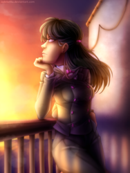 Size: 1200x1600 | Tagged: safe, artist:jadekettu, octavia melody, human, g4, balcony, bowtie, clothes, female, humanized, outdoors, solo, sunset