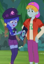 Size: 447x650 | Tagged: safe, screencap, fry lilac, space camp, equestria girls, g4, my little pony equestria girls: choose your own ending, the road less scheduled, the road less scheduled: micro chips, backwards ballcap, baseball cap, cap, clothes, cropped, female, hat, male, not luna, shorts, smiling