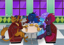 Size: 3507x2480 | Tagged: safe, artist:lavenderrain24, idw, capper dapperpaws, princess luna, stygian, tempest shadow, trixie, abyssinian, alicorn, pony, unicorn, g4, my little pony: the movie, nightmare knights, spoiler:comic, broken horn, chest fluff, female, food, french fries, hay fries, high res, horn, male, mare, stallion