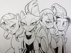 Size: 2048x1520 | Tagged: safe, artist:andypriceart, starlight glimmer, sunset shimmer, tempest shadow, trixie, pony, unicorn, g4, black and white, broken horn, eye scar, female, grayscale, group, horn, looking at you, mare, monochrome, quartet, scar, sketch, unicorn master race
