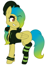 Size: 1124x1584 | Tagged: safe, artist:thatonefluffs, oc, oc only, oc:synchronize, pegasus, pony, beanie, clothes, ear piercing, earring, hat, hoodie, jewelry, piercing, simple background, socks, solo, striped socks, transparent background