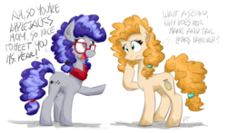 Size: 3900x2300 | Tagged: safe, artist:flutterthrash, pear butter, oc, oc:cinnabyte, earth pony, pony, g4, bandana, dialogue, duo, female, glasses, high res, mare, neckerchief, pigtails, simple background, thought bubble, white background
