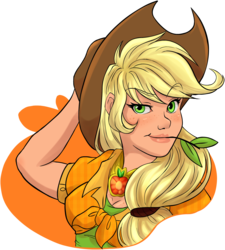 Size: 1351x1500 | Tagged: safe, artist:g-blue16, applejack, human, g4, applejack's hat, arm behind head, blushing, bust, cowboy hat, element of honesty, female, flannel, freckles, hat, humanized, looking at you, simple background, solo, straw in mouth, transparent background
