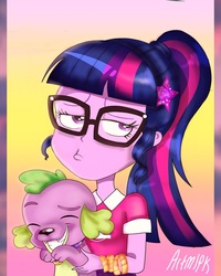 Size: 716x896 | Tagged: safe, artist:artmlpk, sci-twi, spike, spike the regular dog, twilight sparkle, dog, equestria girls, g4, my little pony equestria girls: choose your own ending, the road less scheduled, the road less scheduled: micro chips, adorkable, bracelet, cute, dork, duckface, duo, face, female, funny, geode of telekinesis, glasses, jewelry, magical geodes, male, meganekko, ponytail, smiling, spikabetes, twiabetes