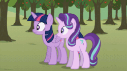 Size: 728x408 | Tagged: safe, artist:agrol, applejack, starlight glimmer, twilight sparkle, alicorn, earth pony, pony, change your reality, g4, alternate cutie mark, alternate tailstyle, alternate universe, animated, apple orchard, apple tree, applejack (male), creepy, creepy smile, female, gif, implications, male, mare, nervous, out of context, rule 63, smiling, stallion, surrounded, this will end in rape, this will end in snu snu, tree, twilight sparkle (alicorn)