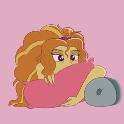 Size: 1280x1280 | Tagged: safe, artist:suchosophie, adagio dazzle, human, equestria girls, g4, bed, bedroom eyes, digital art, female, freckles, headband, lying down, lying on bed, messy hair, nudity, on bed, pillow, pink background, simple background, sleepy, solo, tired