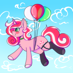 Size: 3600x3600 | Tagged: safe, artist:tuzz-arts, oc, oc only, oc:peppy revvy, pony, unicorn, balloon, female, flying, high res, mare, solo