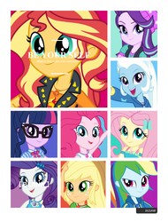 Size: 3106x4096 | Tagged: safe, applejack, fluttershy, pinkie pie, rainbow dash, rarity, sci-twi, starlight glimmer, sunset shimmer, trixie, twilight sparkle, equestria girls, equestria girls series, g4, cyoa, geode of empathy, geode of fauna, geode of shielding, geode of sugar bombs, geode of super speed, geode of super strength, geode of telekinesis, humane five, humane seven, humane six, magical geodes