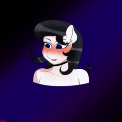 Size: 3000x3000 | Tagged: safe, artist:rarityismywaifu, oc, oc only, oc:lamika, anthro, anthro oc, bare shoulder portrait, bare shoulders, blushing, blushing profusely, bust, chest freckles, choker, ear piercing, earring, eyeshadow, fangs, female, freckles, head shot, high res, jewelry, lip bite, lipstick, makeup, mare, necklace, piercing, portrait, shoulder freckles, sketch, solo
