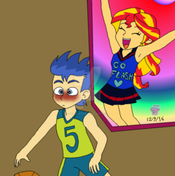 Size: 1024x1027 | Tagged: safe, artist:stella-exquisa, flash sentry, sunset shimmer, equestria girls, g4, armpits, blushing, cheerleader, female, male, ship:flashimmer, shipping, straight
