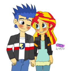 Size: 1024x1055 | Tagged: safe, artist:stella-exquisa, flash sentry, sunset shimmer, equestria girls, g4, blushing, female, holding hands, male, ship:flashimmer, shipping, straight