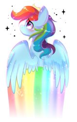 Size: 800x1269 | Tagged: safe, artist:dddreamdraw, rainbow dash, pegasus, pony, g4, chromatic aberration, female, looking up, rainbow trail, simple background, solo, spread wings, stars, white background, wings