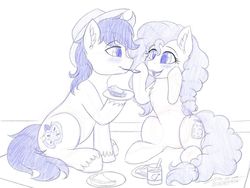 Size: 1024x768 | Tagged: safe, artist:novaintellus, bright mac, pear butter, earth pony, pony, atg 2019, blushing, brightbutter, duo, female, food, male, mare, monochrome, mouth hold, newbie artist training grounds, picnic, pie, sharing, shipping, signature, sketch, stallion, straight