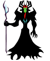 Size: 806x990 | Tagged: safe, artist:venjix5, storm king, g4, my little pony: the movie, aku, antagonist, beard, facial hair, great flaming eyebrows, horns, male, samurai jack, simple background, solo, staff, staff of sacanas, storm king's emblem, transparent background, vector