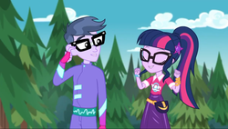 Size: 1267x720 | Tagged: safe, screencap, microchips, sci-twi, twilight sparkle, equestria girls, equestria girls series, g4, the road less scheduled, the road less scheduled: microchips, spoiler:choose your own ending (season 2), spoiler:eqg series (season 2), clothes, female, fingerless gloves, geode of telekinesis, gloves, magical geodes, male, mc dex fx, ponytail