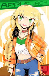 Size: 792x1224 | Tagged: safe, artist:banzatou, applejack, human, g4, anime, belly button, belt, braid, clothes, cowboy hat, cute, eye clipping through hair, female, front knot midriff, hat, headphones, humanized, jackabetes, jeans, jewelry, looking at you, manga style, midriff, necklace, pants, ripped jeans, ripped pants, smiling, solo, torn clothes