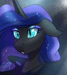 Size: 850x950 | Tagged: safe, artist:cosmalumi, nightmare moon, alicorn, pony, g4, bust, solo, sparkles
