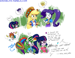Size: 1247x975 | Tagged: safe, artist:manic-the-lad, applejack, dirk thistleweed, ragamuffin (g4), rainbow dash, rarity, sci-twi, twilight sparkle, equestria girls, g4, my little pony equestria girls: better together, a dash of everything, female, implied shipping, male, panicking, rainbow blitz, rule 63