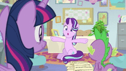 Size: 1920x1080 | Tagged: safe, screencap, spike, starlight glimmer, twilight sparkle, alicorn, dragon, pony, a horse shoe-in, g4, animated, cute, glimmerbetes, glomp, hug, sound, twilight sparkle (alicorn), webm, winged spike, wings