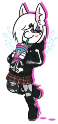 Size: 700x1500 | Tagged: safe, artist:threetwotwo32232, oc, oc only, oc:rubber bunny, anthro, unguligrade anthro, blushing, boots, choker, clothes, cute, eyes closed, eyeshadow, facial piercing, female, fishnet stockings, goth, hairclip, heart, high heel boots, hoodie, makeup, mare, moe, ocbetes, pantyhose, plaid skirt, pleated skirt, shoes, skirt, smiling, solo, starbucks, unicorn frappuccino