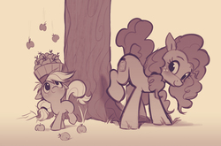 Size: 1636x1080 | Tagged: safe, artist:imalou, applejack, pear butter, earth pony, pony, g4, apple, applebucking, balancing, cute, duo, female, filly, filly applejack, food, freckles, jackabetes, mare, monochrome, mother and daughter, pearabetes, tree, younger