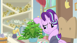 Size: 1920x1080 | Tagged: safe, screencap, phyllis, starlight glimmer, pony, unicorn, a horse shoe-in, g4, season 9, affection, chair, female, hoof on cheek, inkwell, mare, motherly, petting, philodendron, plant, potted plant, puckered lips, quill, raised hoof, scroll, solo, starlight glimmer is best facemaker, starlight's office, talking to objects, teeth