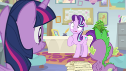 Size: 1920x1080 | Tagged: safe, screencap, phyllis, spike, starlight glimmer, twilight sparkle, alicorn, dragon, pony, a horse shoe-in, g4, plant, twilight sparkle (alicorn), winged spike, wings