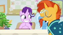 Size: 1920x1080 | Tagged: safe, screencap, phyllis, starlight glimmer, sunburst, trixie, pony, a horse shoe-in, g4, animated, smiling, sound, starlight's office, webm