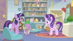 Size: 800x450 | Tagged: safe, screencap, phyllis, spike, starlight glimmer, twilight sparkle, alicorn, dragon, pony, a horse shoe-in, g4, animated, gif, starlight's office, twilight sparkle (alicorn), winged spike, wings