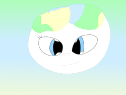 Size: 1600x1200 | Tagged: safe, artist:slimgoomba, vapor trail, pegasus, pony, g4, alternate eye color, ball, female, gradient background, inanimate tf, mare, morph ball, smiling, solo, transformation, vaporball
