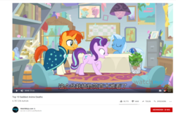 Size: 1403x920 | Tagged: safe, edit, edited screencap, screencap, phyllis, starlight glimmer, sunburst, trixie, pony, unicorn, a horse shoe-in, g4, caption, chinese, clothes, eyes closed, female, glasses, happy, male, mare, meta, plant, recycle bin, robe, shocked, stallion, starlight's office, top 10 anime list parody, watchmojo.com, youtube